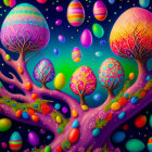 Colorful Easter eggs in tree branches on dark background with neon patterns.