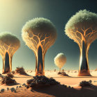 Surreal landscape: Glass orbs on desert with trees