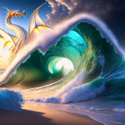 Majestic dragon over dynamic sea with towering waves at sunset