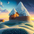 Winter Cottage Scene with Snow, Stars, and Moons