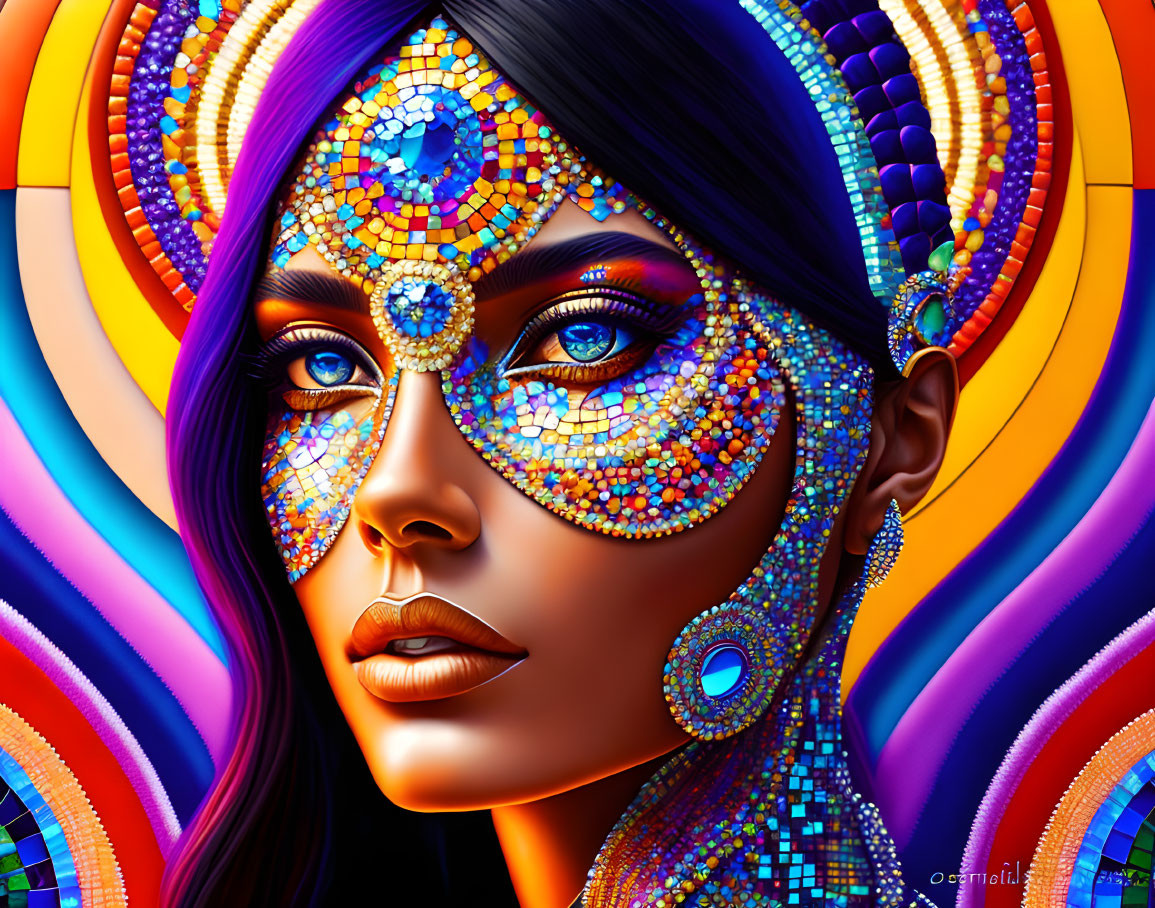 Colorful mosaic pattern digital art portrait of a woman