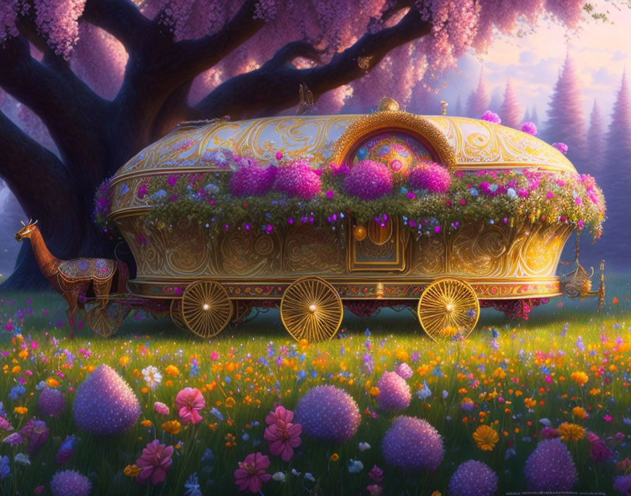Golden Carriage with Pink Flowers and Deer in Magical Forest