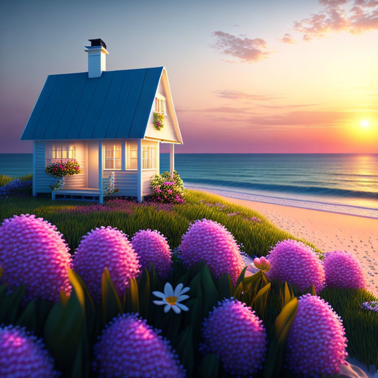 Scenic beach house with blue roof, sunset backdrop, purple flowers, white daisy.