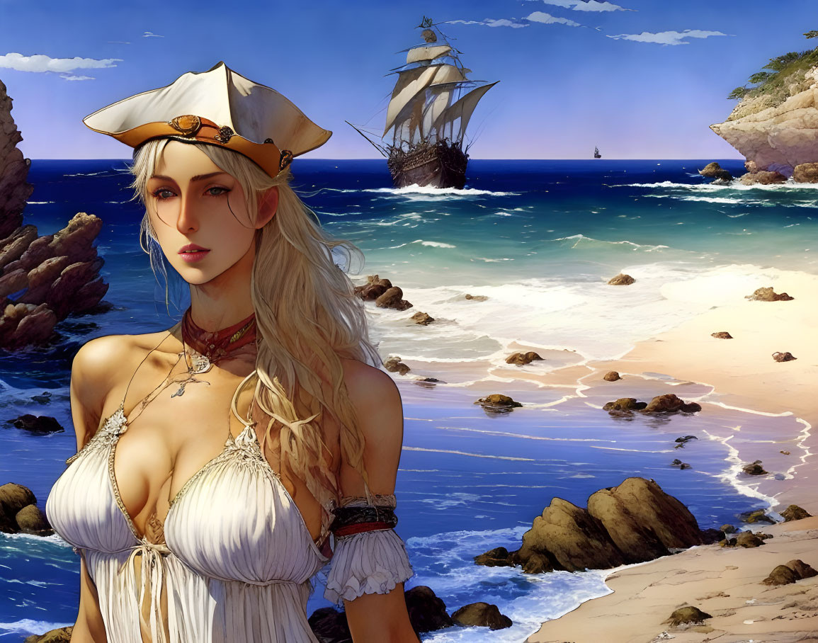 Woman in pirate attire on beach with ship in background