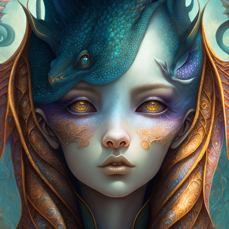 Fantasy portrait of female figure with blue dragon features and golden eyes