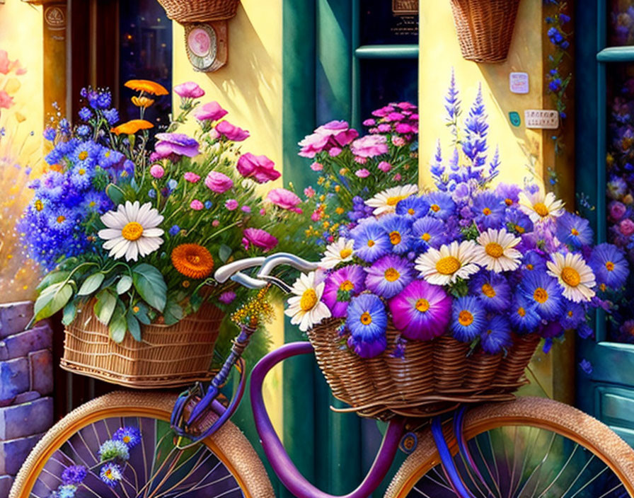 Colorful Bicycle Illustration with Flower Baskets by Sunny Shop Window
