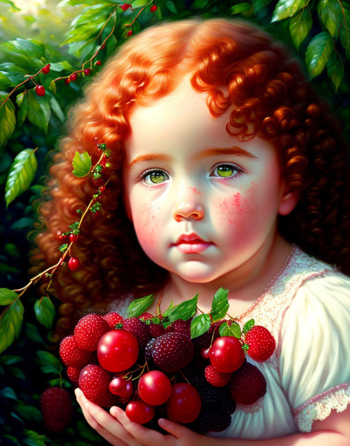 Curly Red-Haired Child Holding Ripe Red Berries