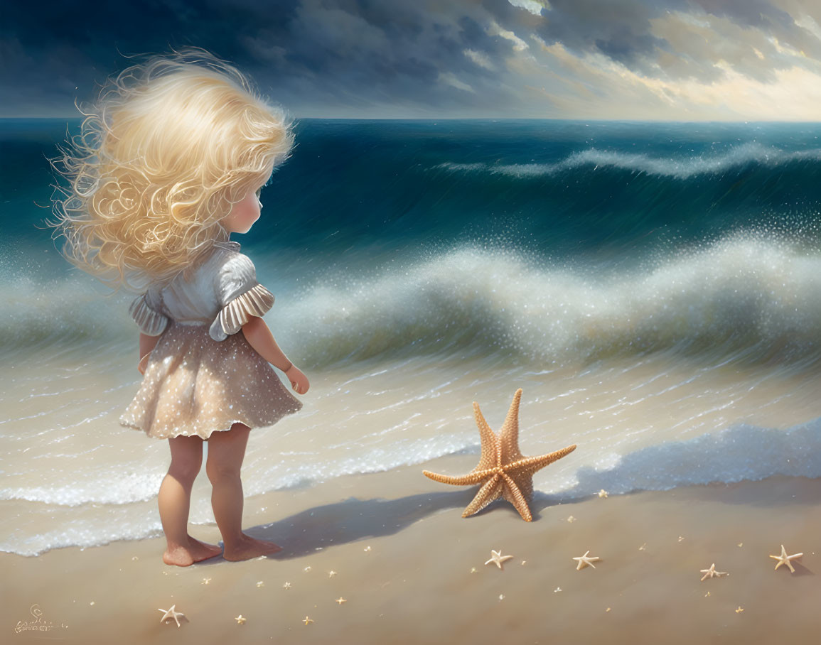 Child with Curly Hair Observes Wave and Starfish on Shore