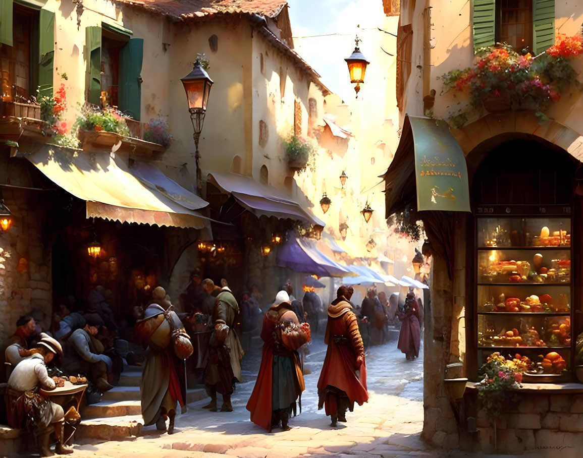 Medieval street scene with merchants, townsfolk, stone buildings, and flower baskets