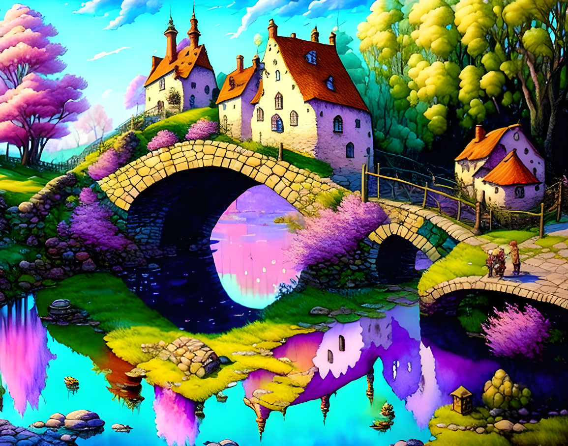 Enchanting fairytale landscape with stone bridge, river, colorful trees, houses, and characters