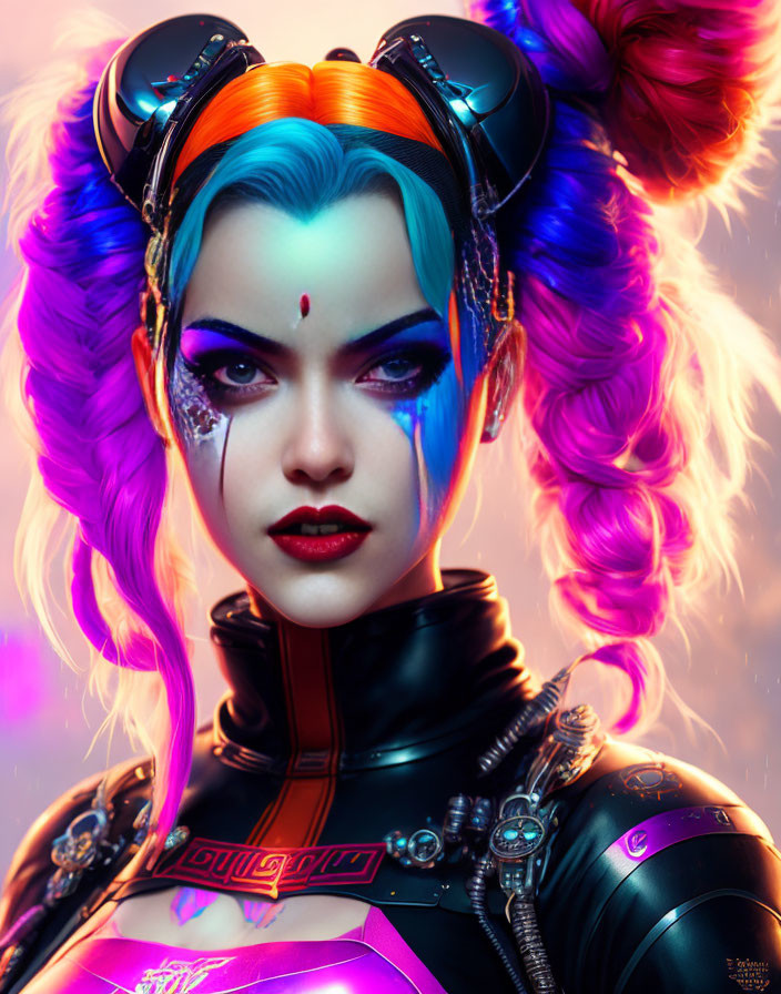 Colorful digital portrait of woman with blue hair and cyberpunk style against neon backdrop