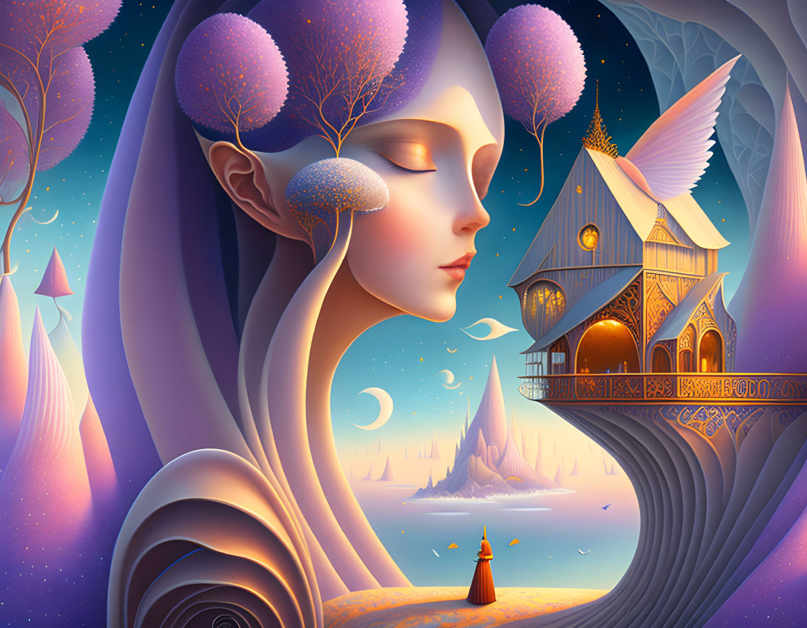 Surreal illustration of woman's profile in fantasy landscape