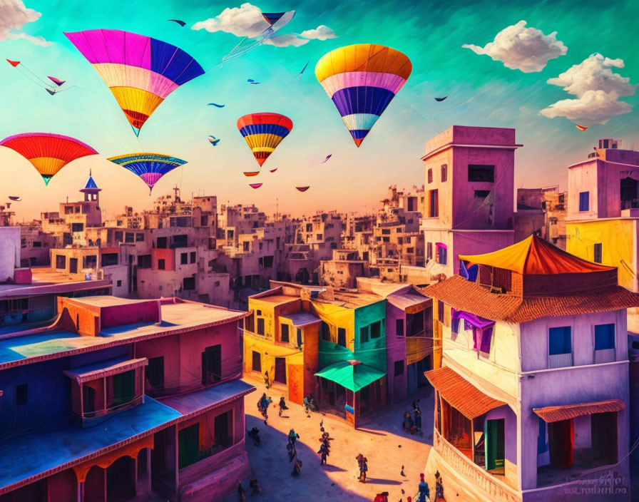 Colorful hot air balloons flying over a pastel town at sunset
