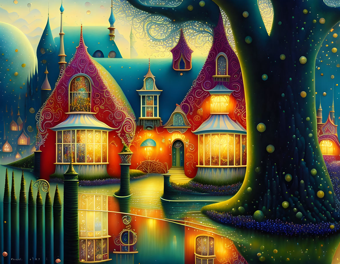 Colorful Illustration of Magical Village with Fairy-Tale Houses