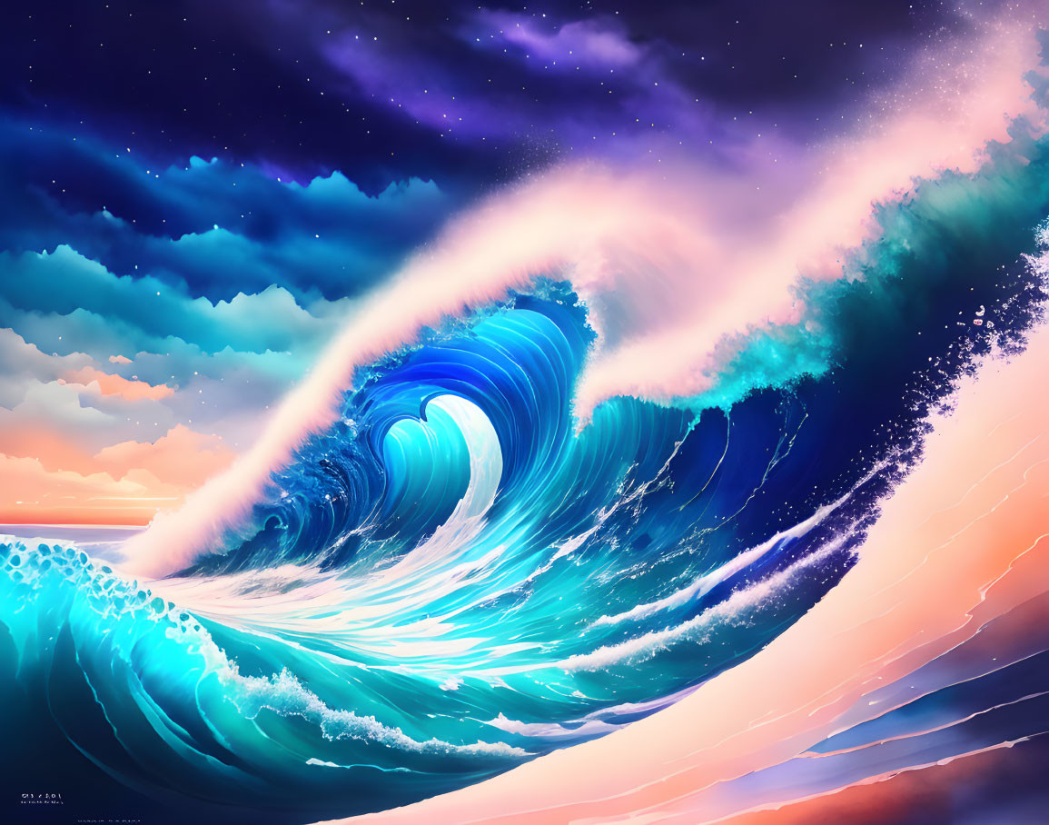 Colorful digital artwork: Large wave with swirl pattern under star-filled sky