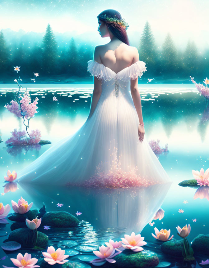 Woman in white gown surrounded by water lilies on serene lake with mystical forest backdrop.