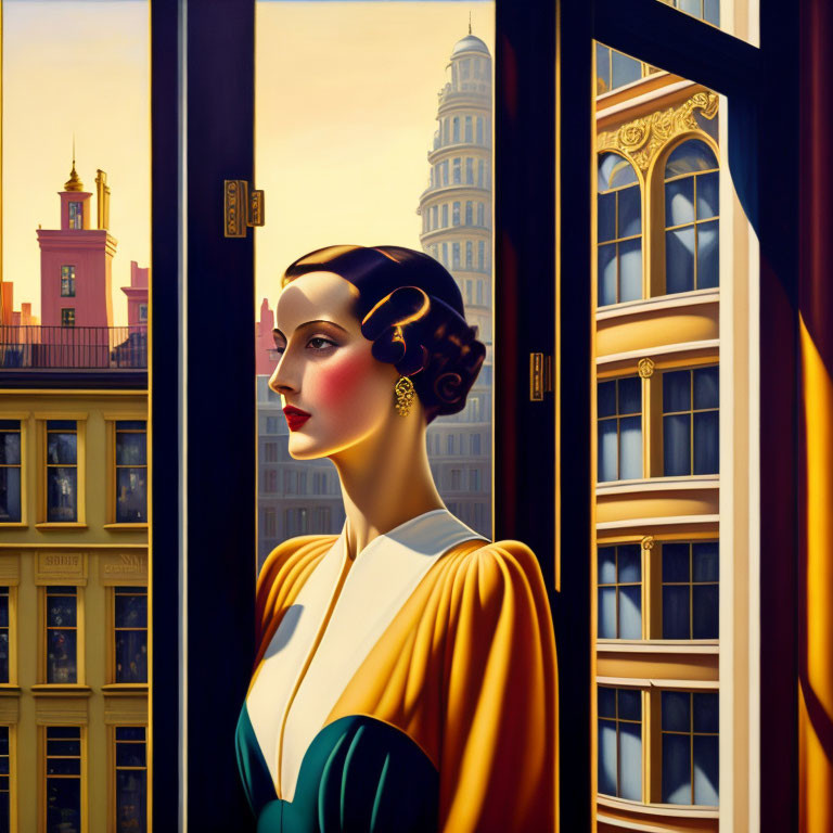 Stylized painting of elegant woman by open window in urban setting