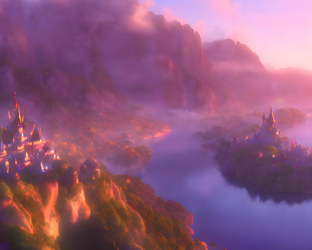 Fantasy landscape: Glowing castle in misty mountains at dusk
