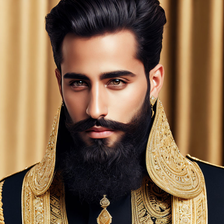 Styled man with gold-embroidered jacket and earrings on golden curtain backdrop