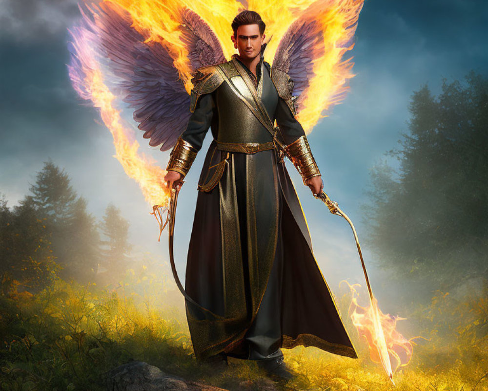 Fiery-winged angel in forest glade with flaming sword and ornate armor