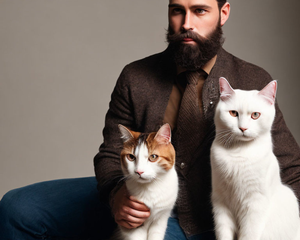 Bearded man with two cats against neutral backdrop