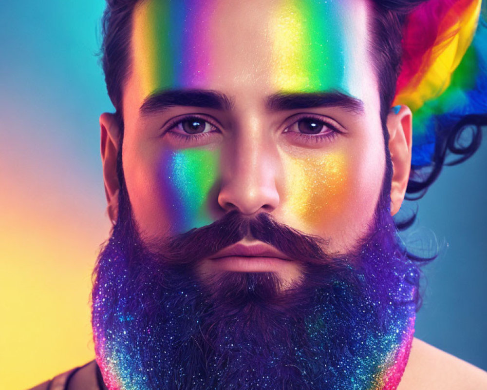 Bearded man with multicolored glitter under rainbow light