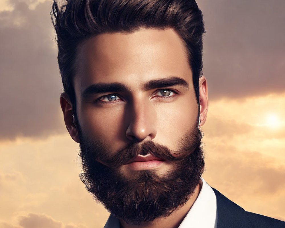 Stylish man with groomed beard and hair against sky background