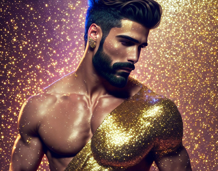 Illustration of man with groomed beard and gold skin on glittery background