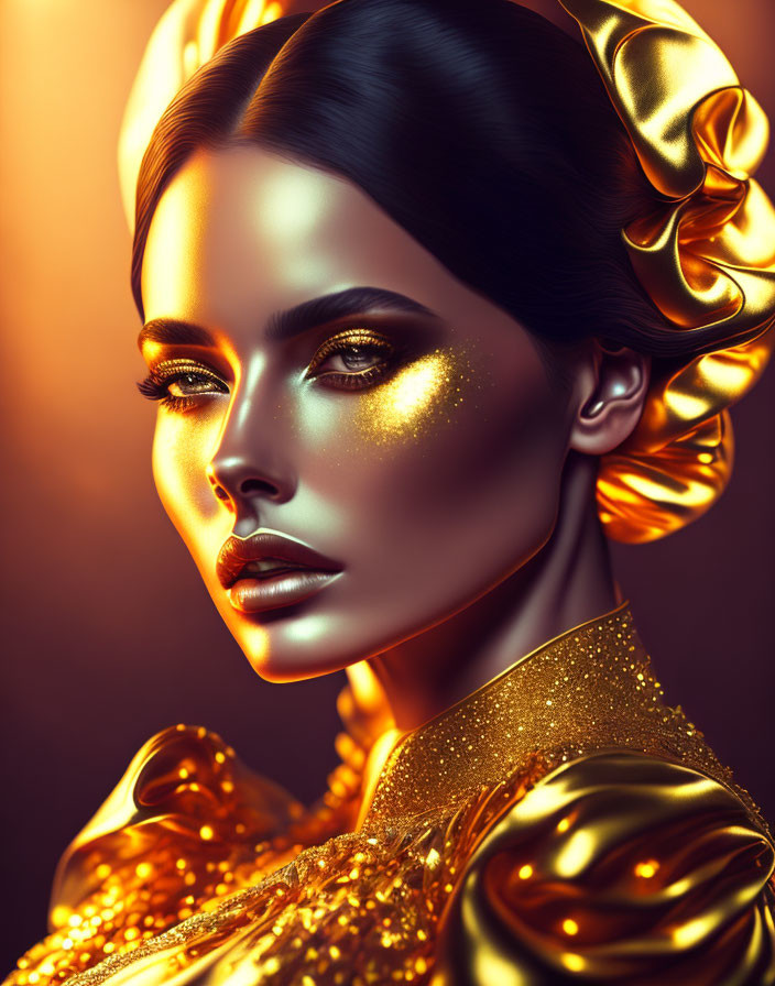 Luxurious woman in golden makeup and attire with dramatic lighting