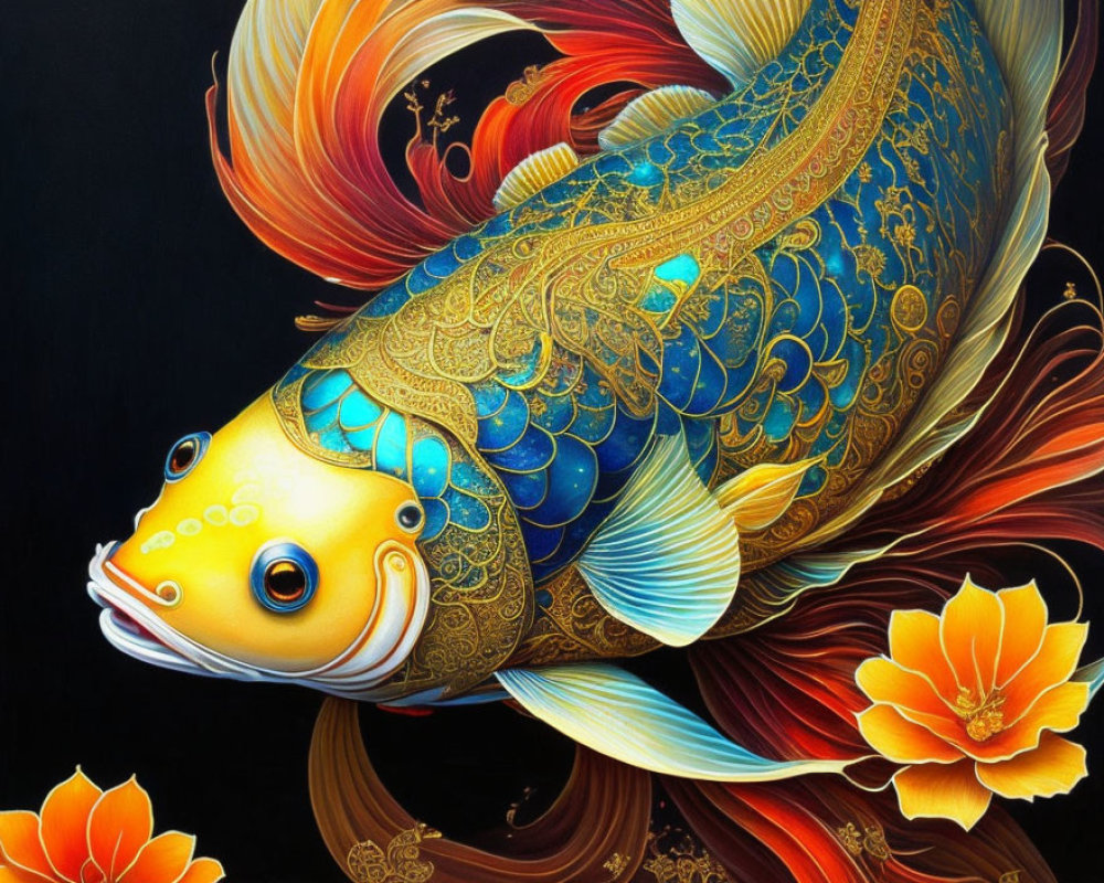Colorful Koi Fish Illustration with Gold Patterns and Red Waves