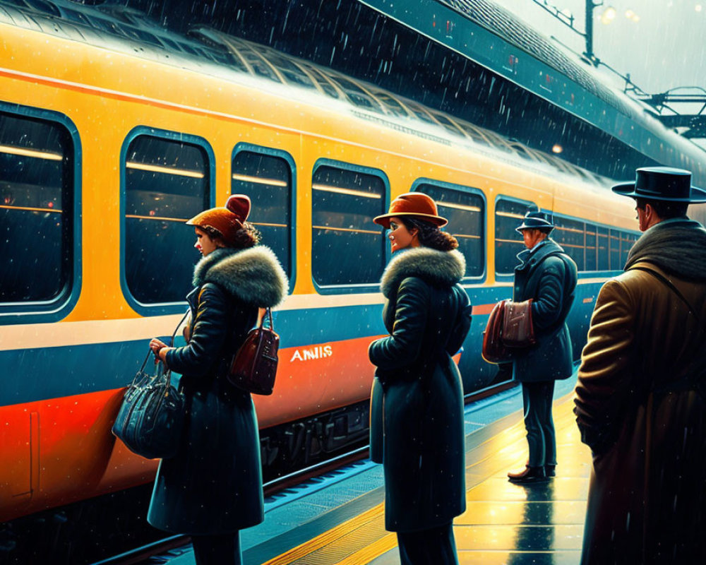Vintage-attired people on rain-swept platform as yellow-orange "Amiis" train