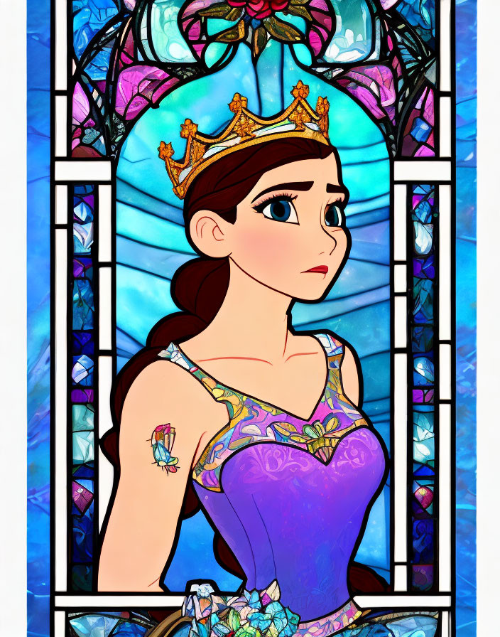 Crowned princess illustration in stained glass style with butterfly and thoughtful expression