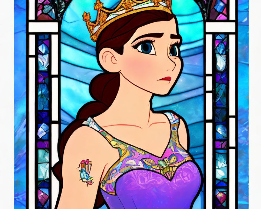 Crowned princess illustration in stained glass style with butterfly and thoughtful expression
