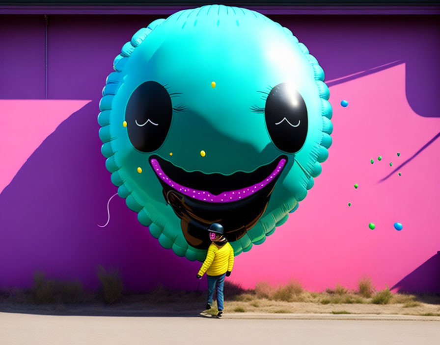 Person in Yellow Jacket Holding Smiling Face Balloon on Pink Wall