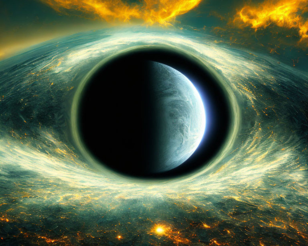 Celestial scene: Black hole, glowing planet, fiery clouds & stars