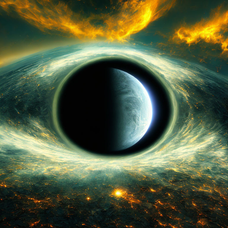 Celestial scene: Black hole, glowing planet, fiery clouds & stars
