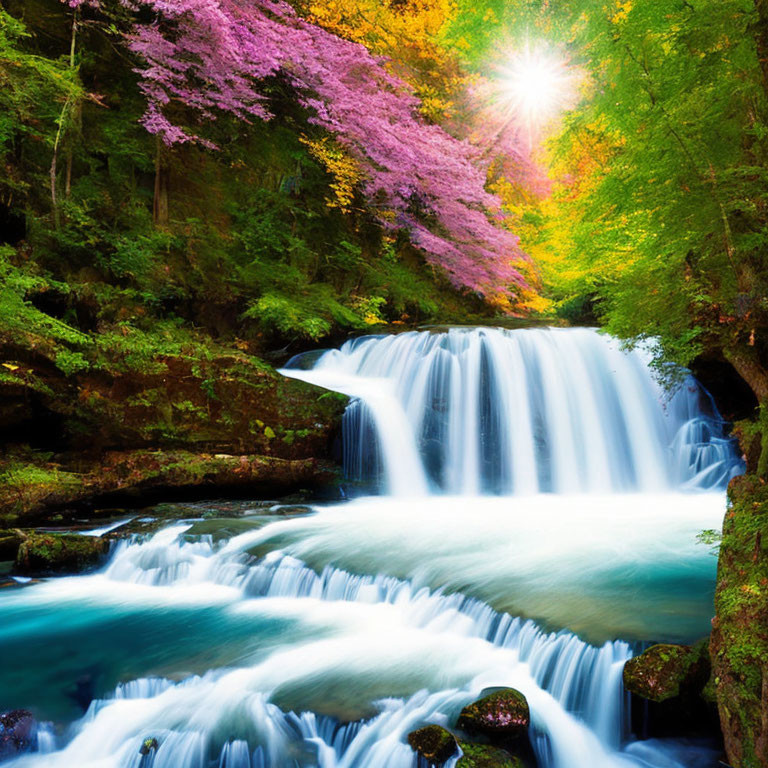 Tranquil waterfall in lush forest with sunlight filtering through pink foliage over blue river