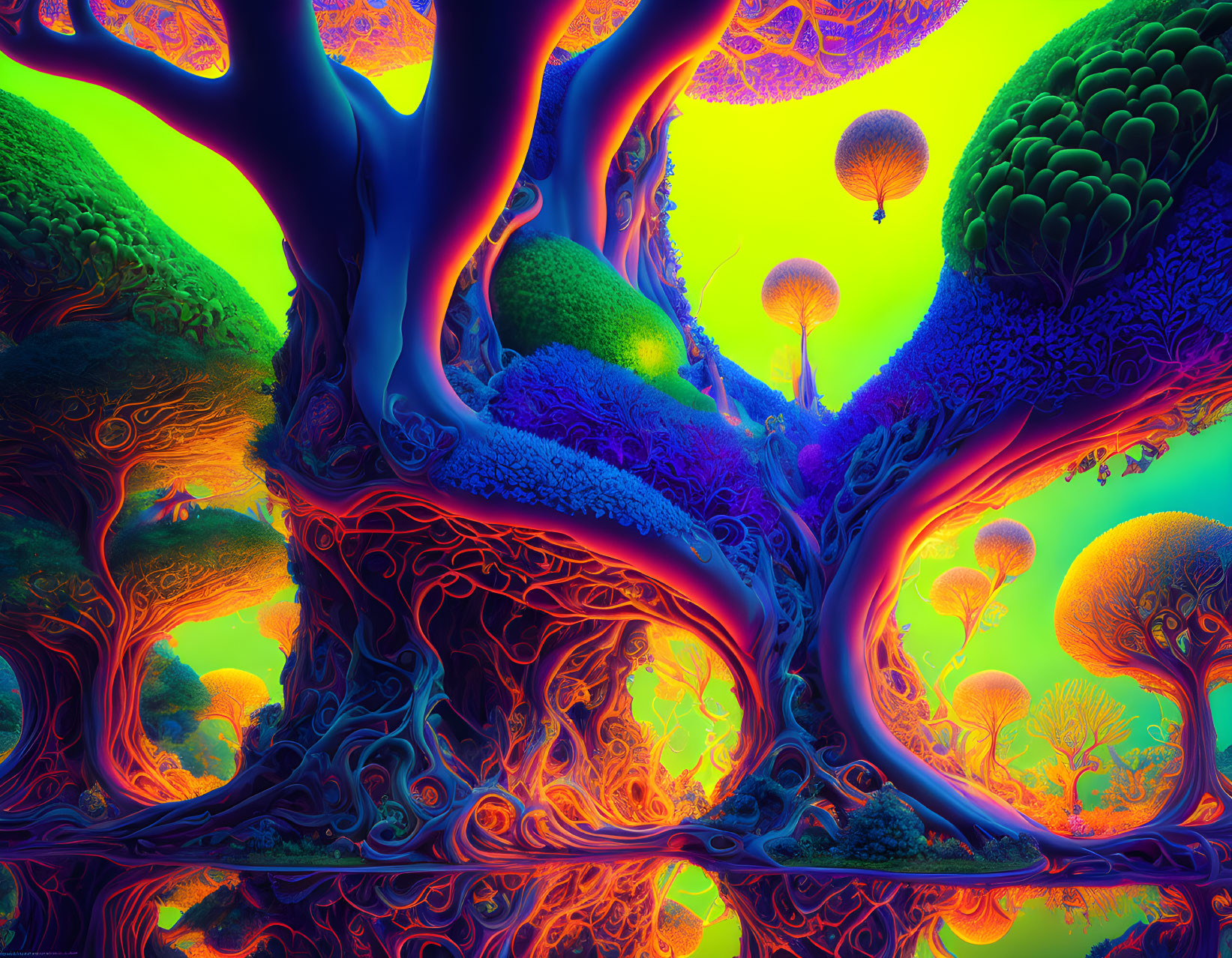 Colorful Psychedelic Landscape with Twisted Trees and Floating Balloons