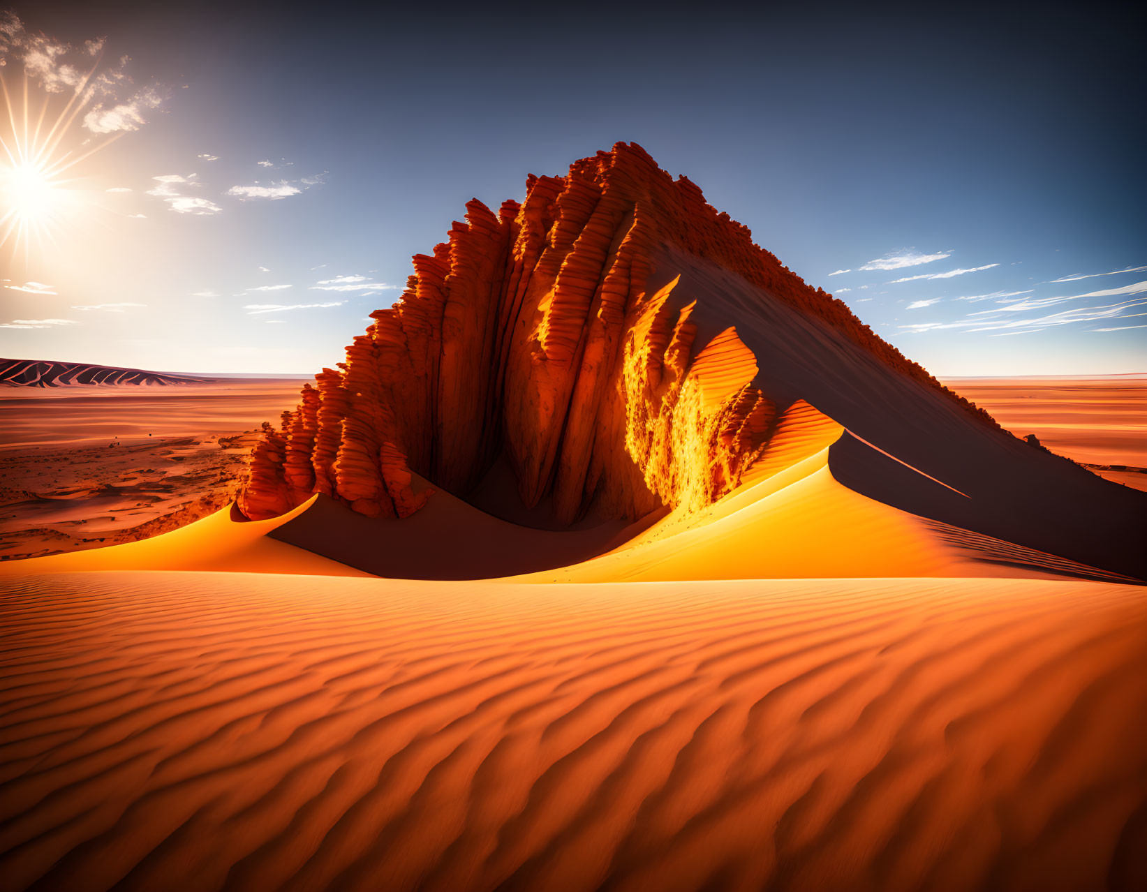 Desert landscape with sandstone formation and sunrise.