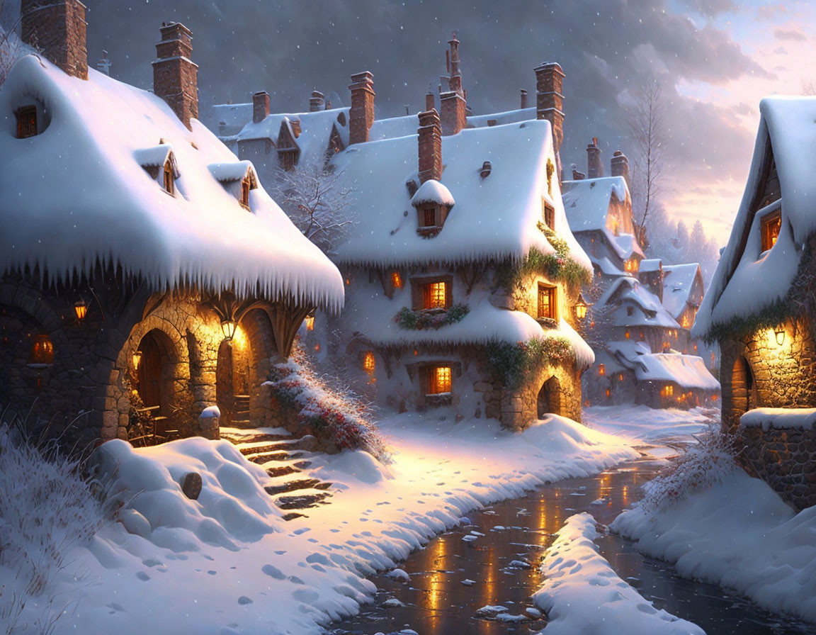 Snow-covered winter village with glowing lights and frozen river at dusk
