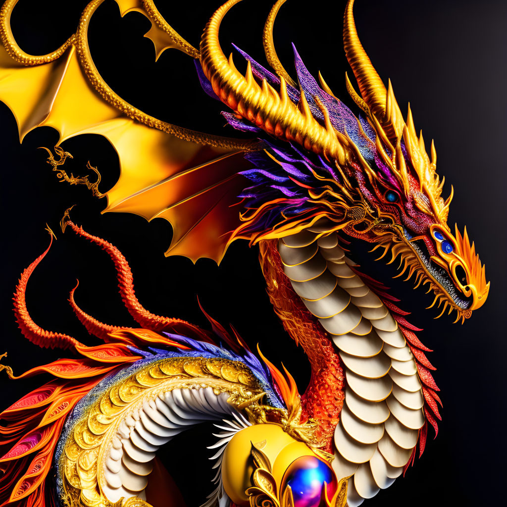 Colorful digital dragon art with golden scales and fiery wings on black background