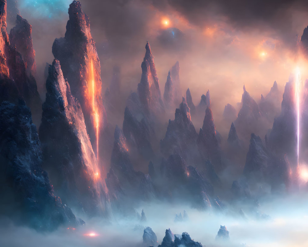Fantastical landscape with towering rock spires and molten lava flows under a celestial sky.