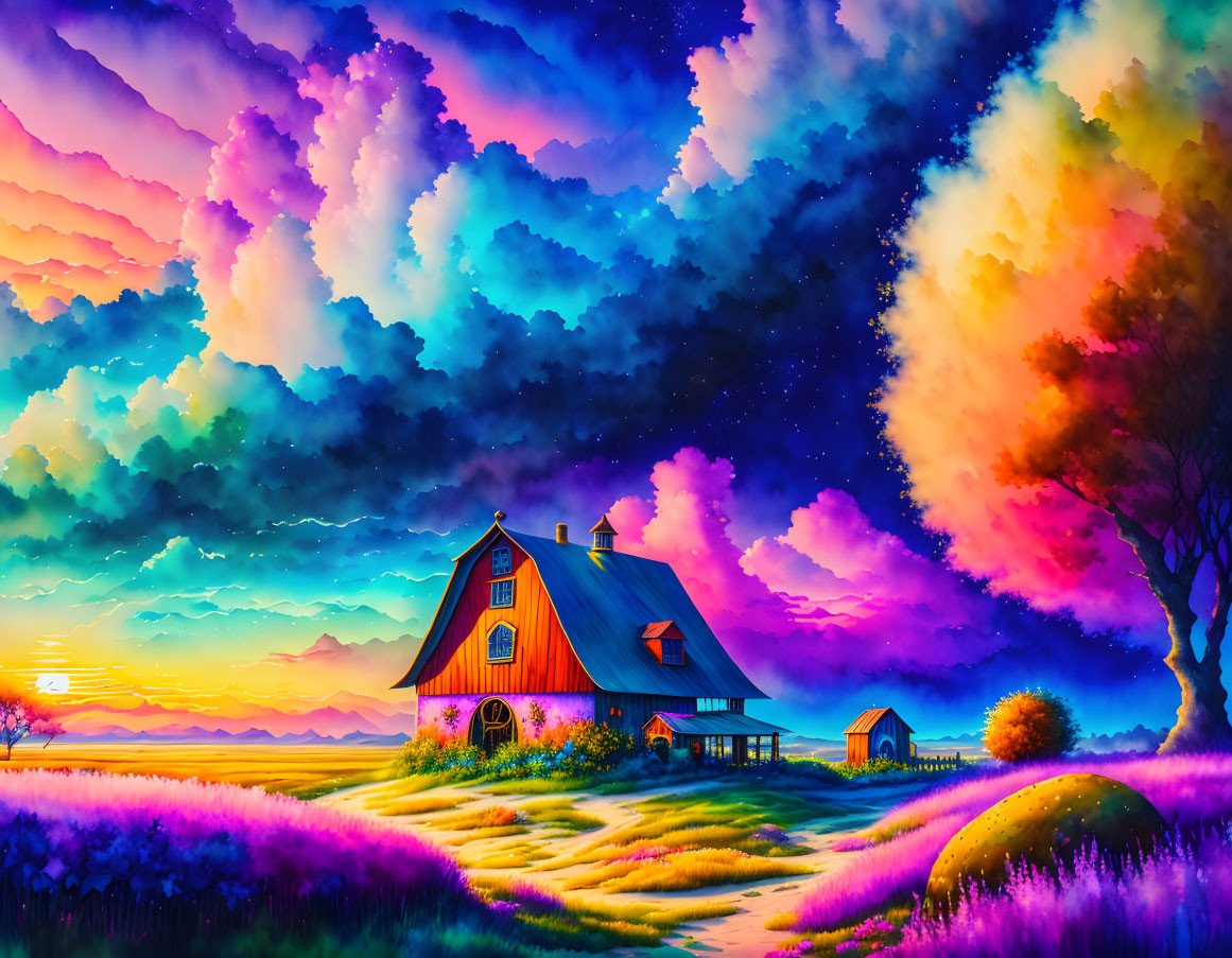 Colorful digital painting of a countryside house at sunset