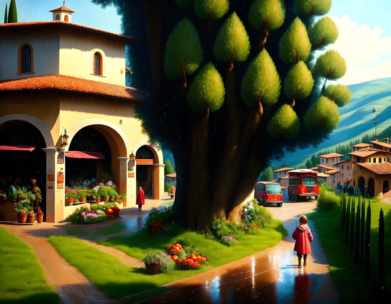 Colorful town scene with tree, flowers, market, and people under warm sunlight