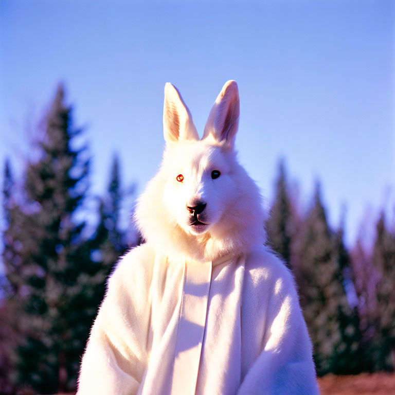 Person in white rabbit costume with red eyes by evergreen trees
