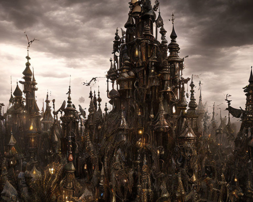 Gothic cityscape with towering spires and lit windows
