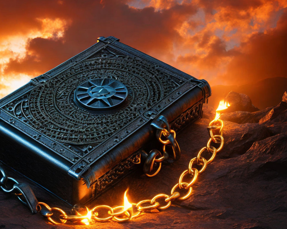 Chained book with compass embossing on rocky surface under fiery sky
