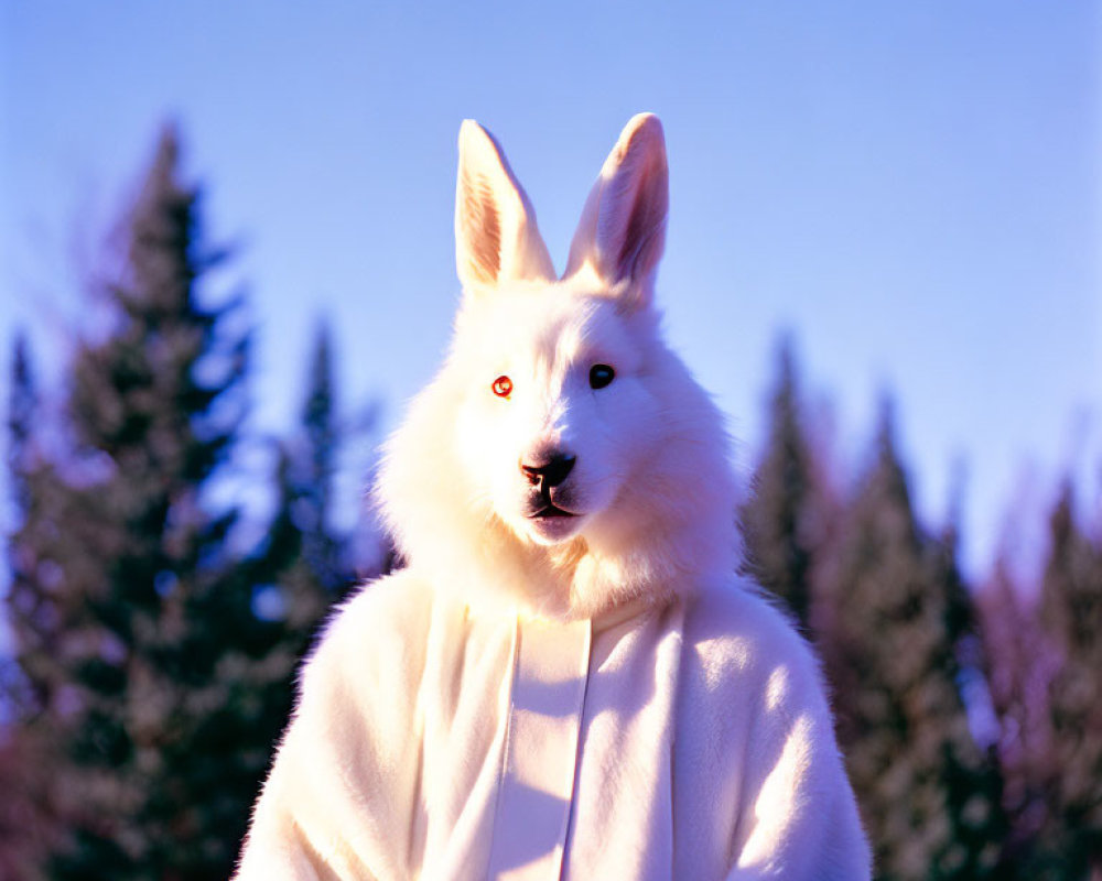 Person in white rabbit costume with red eyes by evergreen trees
