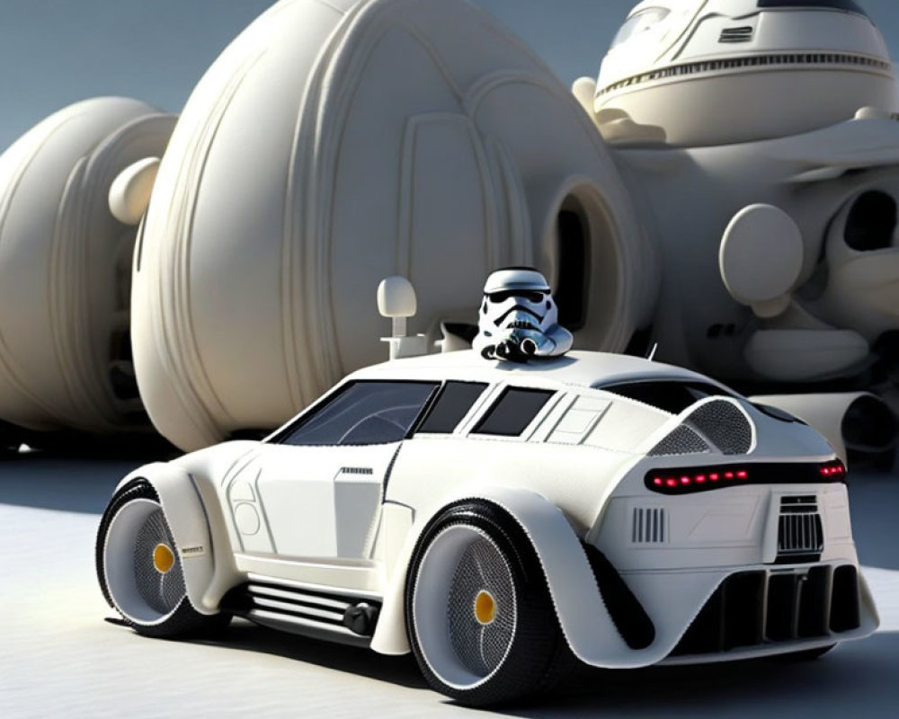 Futuristic white car with droid-like design and robot character under clear sky