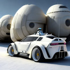 Futuristic white car with droid-like design and robot character under clear sky